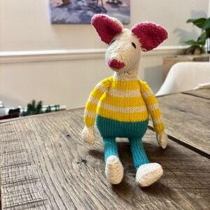 Handmade Knitted Mouse Spieluhr Maus Crochet Yellow Striped Sweater Teal Pants